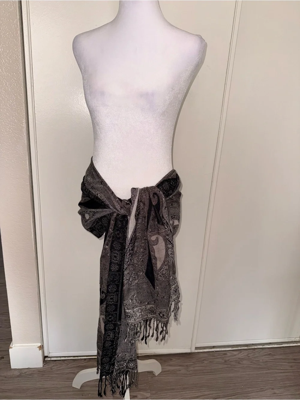 146. Black & gray paisley scarf with fringe #paisley #boho